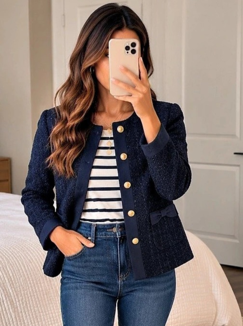 Talbots Navy Tweed Jacket Blazer Size 2 Gold Buttons Bow Detail